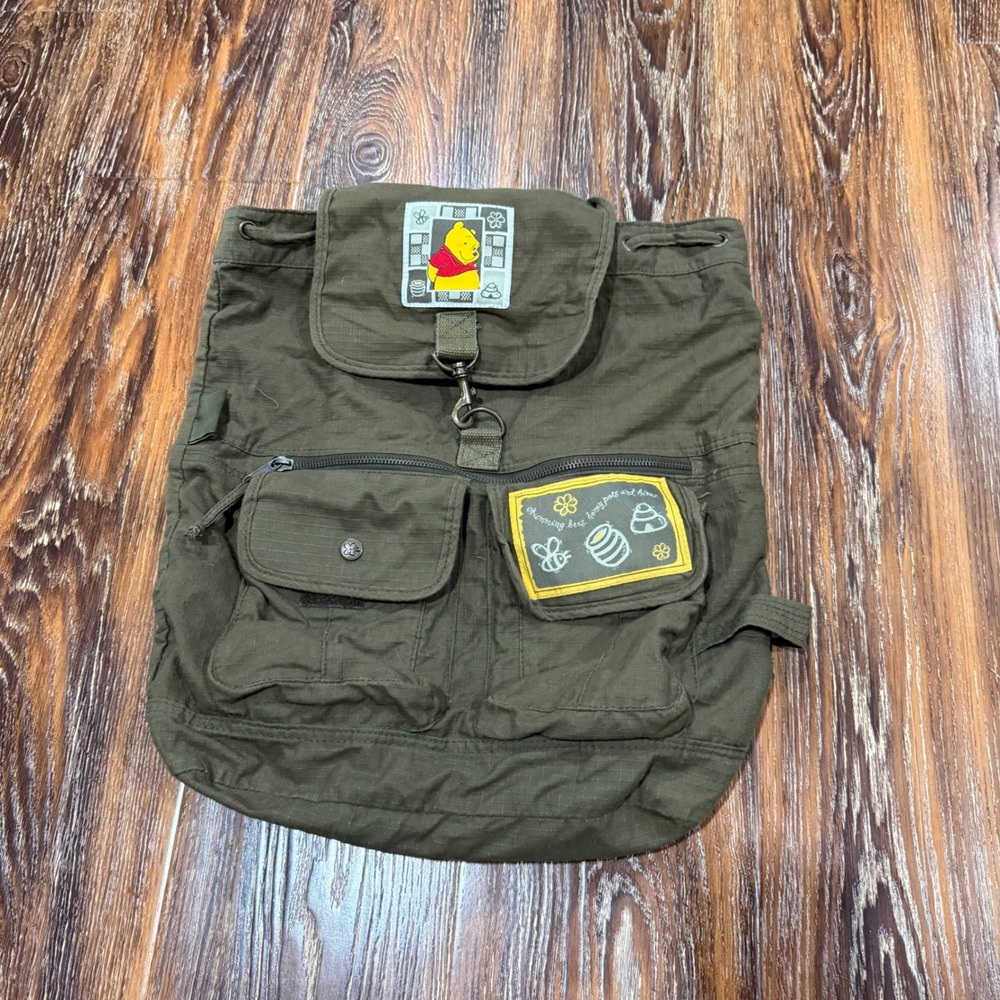 Vintage Winnie the Pooh Bear Ripstop Rucksack Backpack Bag Olive Green Disney